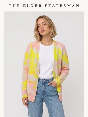 The Elder Statesman Tie-Dye Cashmere Cardigan – Pink/Yellow – S